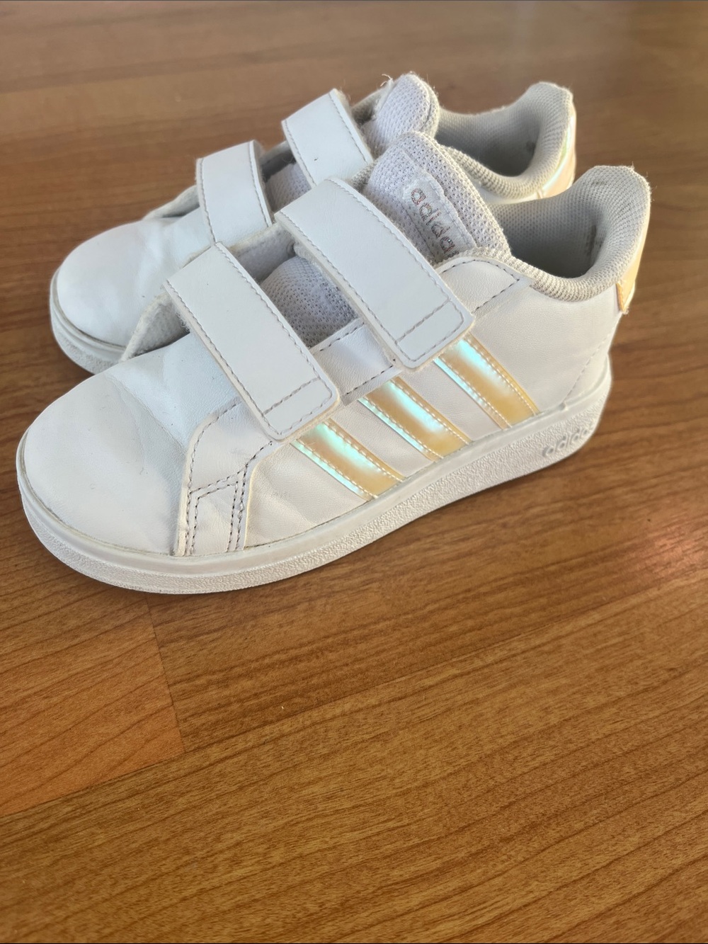 adidas Kids White Sneakers with iridescent Stripes - Velcro Closure